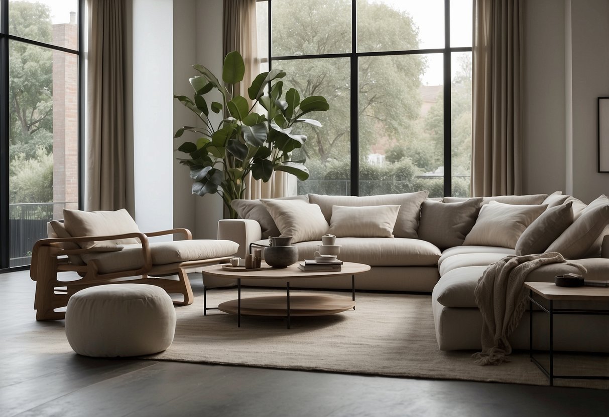 A modern living room with James Perse furniture, featuring clean lines, neutral colors, and luxurious fabrics