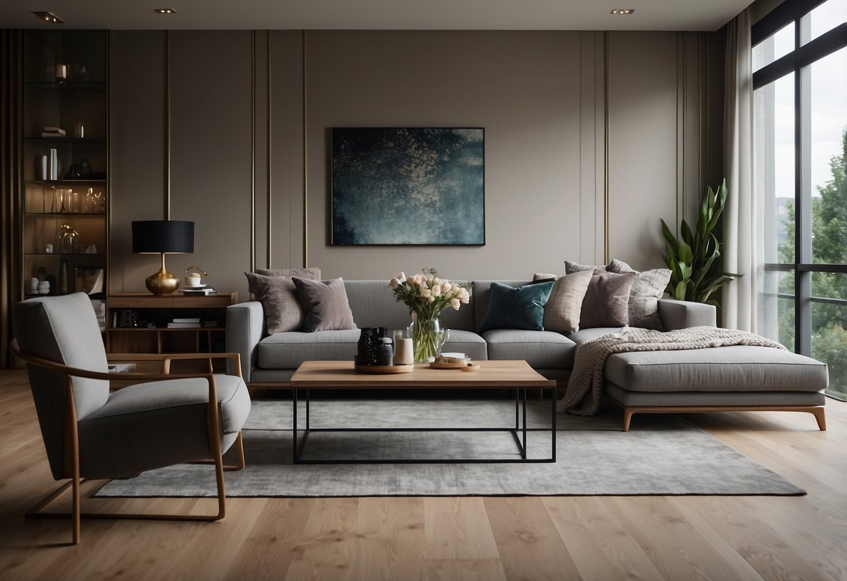 A modern living room with a sleek, comfortable sofa, surrounded by stylish and practical furnishings