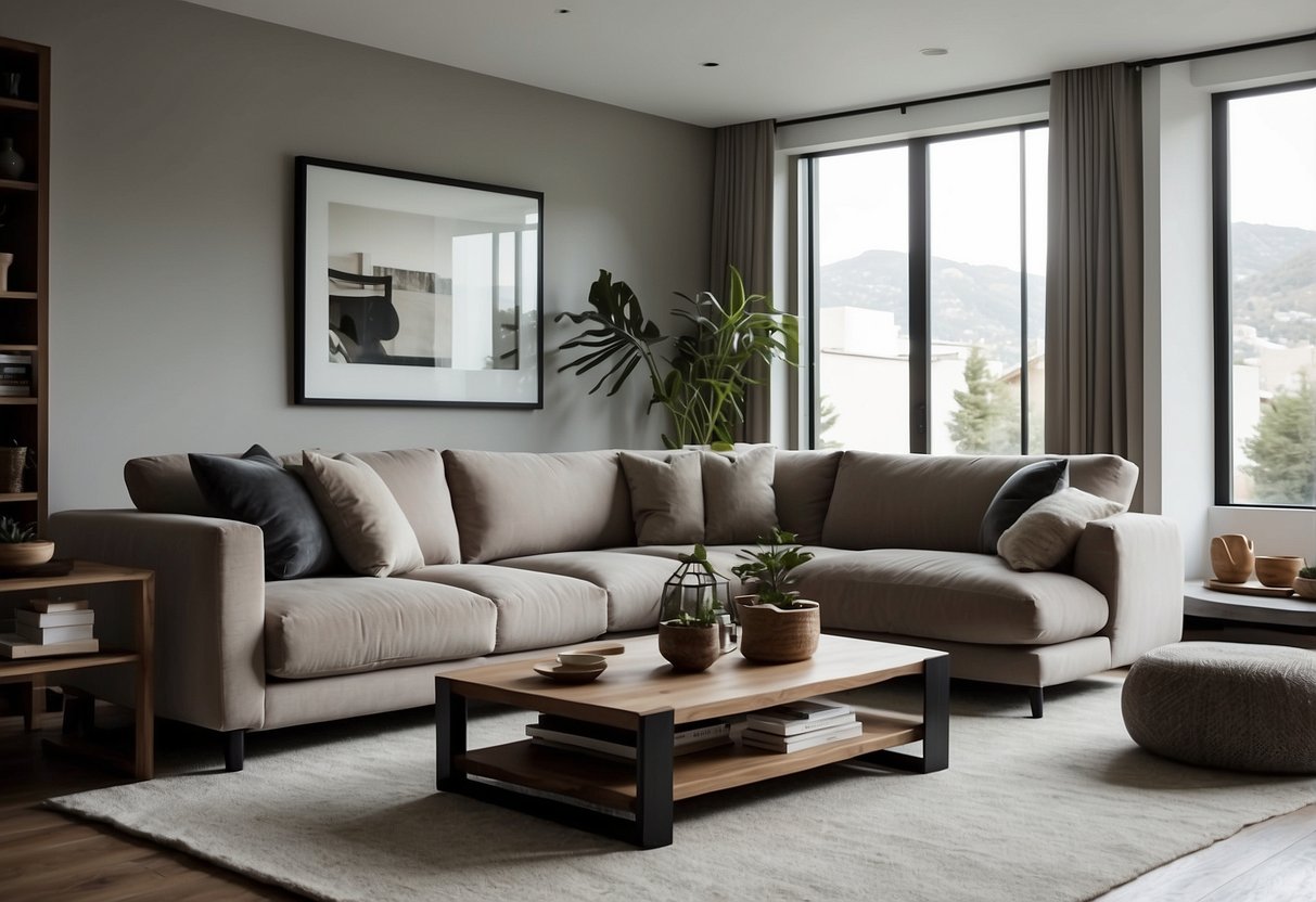 A cozy living room with modern James Perse furniture, featuring sleek lines, neutral tones, and luxurious textures. A large, comfortable sofa sits in the center, surrounded by minimalist coffee tables and elegant accent chairs