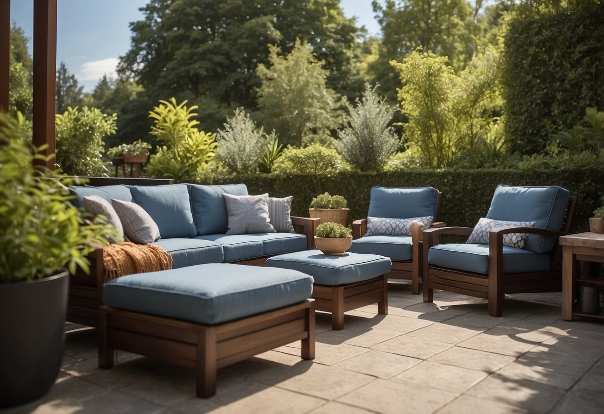 A patio with polywood furniture, surrounded by lush greenery, under a clear blue sky. The furniture includes a dining set, lounge chairs, and a coffee table