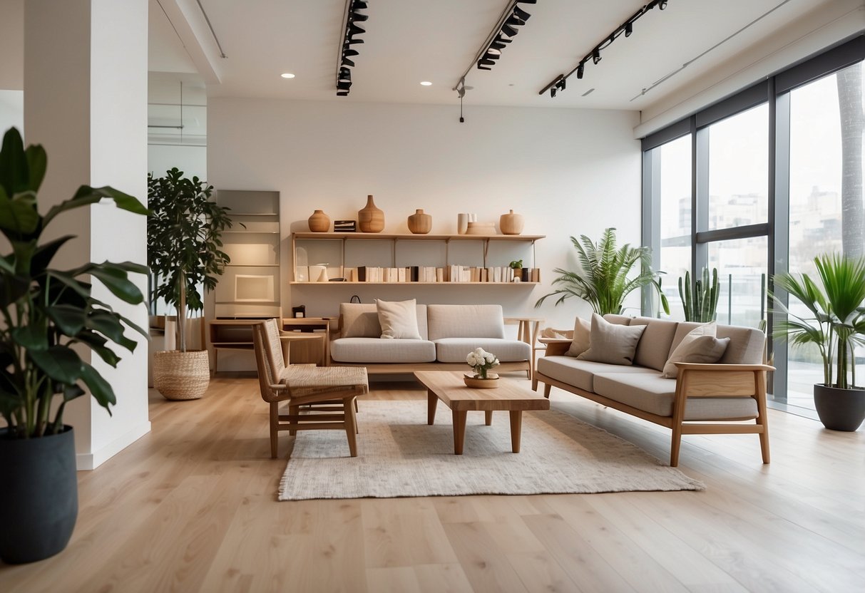 A bright, airy showroom with sleek, minimalist furniture arranged in stylish vignettes. Natural wood and neutral tones create a calming, modern atmosphere