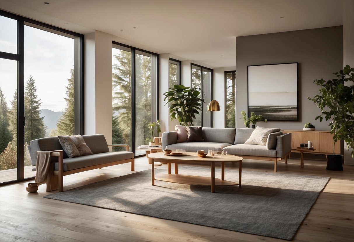 A modern living room with sleek, minimalist Scandinavian furniture arranged neatly. Light streams in through large windows, illuminating the clean lines and natural wood tones of the pieces