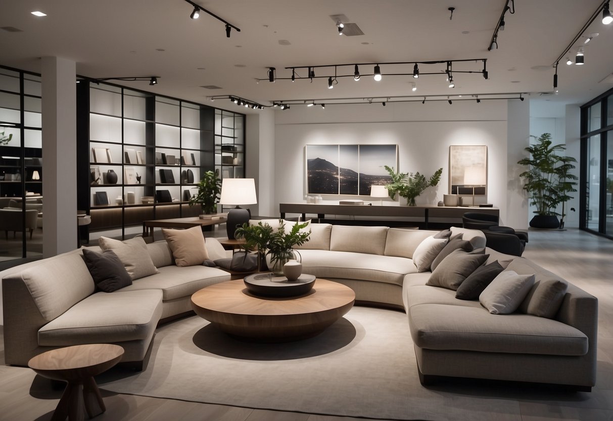 Customers browsing modern furniture displays at James Perse store, with clean lines and neutral tones. Bright lighting and open layout create a welcoming ambiance