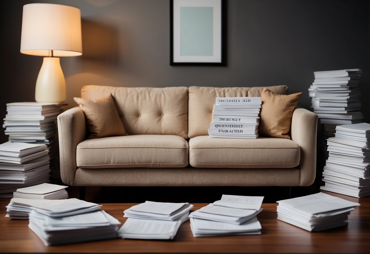 A sofa surrounded by index cards labeled "Frequently Asked Questions" and a stack of furniture catalogs