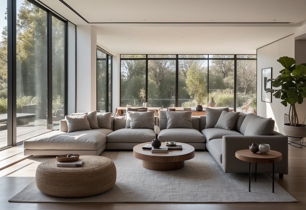 A modern living room with James Perse furniture, featuring a sleek sofa, minimalist coffee table, and clean-lined bookshelf. Light pours in through large windows, creating a warm and inviting atmosphere