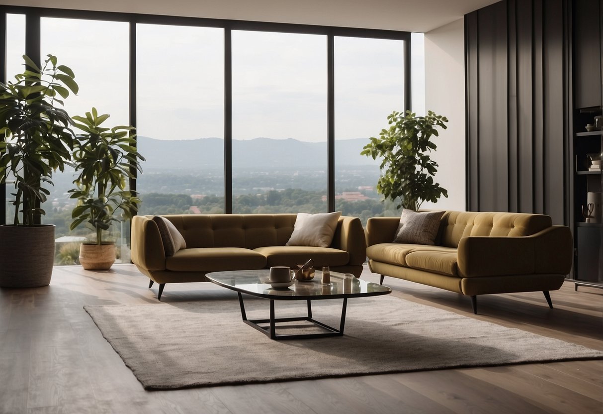 A modern living room with Kastel furniture, featuring a sleek sofa, minimalist coffee table, and stylish armchair