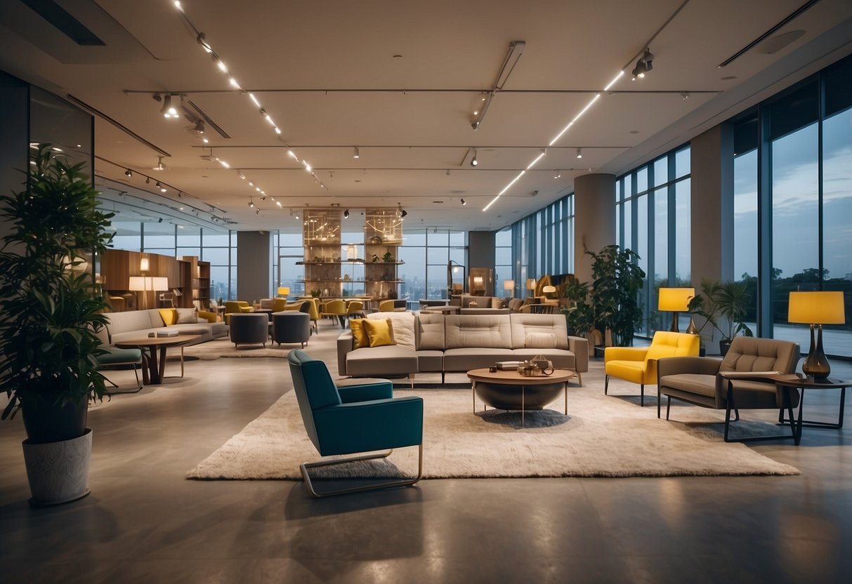 A spacious showroom displays Kastel's modern furniture collection with sleek lines and vibrant colors, creating an inviting and stylish atmosphere