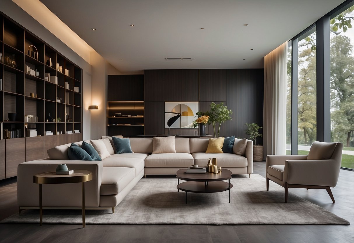A modern living room with Kastel furniture, featuring sleek lines, minimalist design, and a neutral color palette. The space is enhanced with comfortable seating, elegant tables, and stylish lighting fixtures
