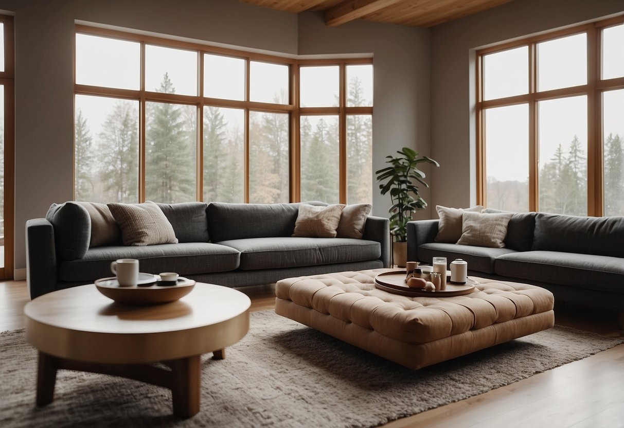 A cozy living room with a large, comfortable sofa and a coffee table, surrounded by modern and stylish furniture. The room is filled with natural light from the large windows, creating a warm and inviting atmosphere