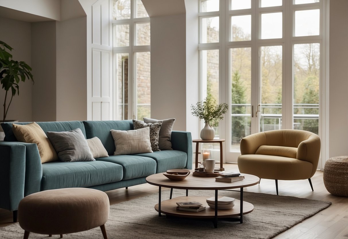 A cozy living room with Kastel furniture, featuring a modern sofa, a sleek coffee table, and a stylish armchair. The room is bathed in natural light from large windows, creating a warm and inviting atmosphere