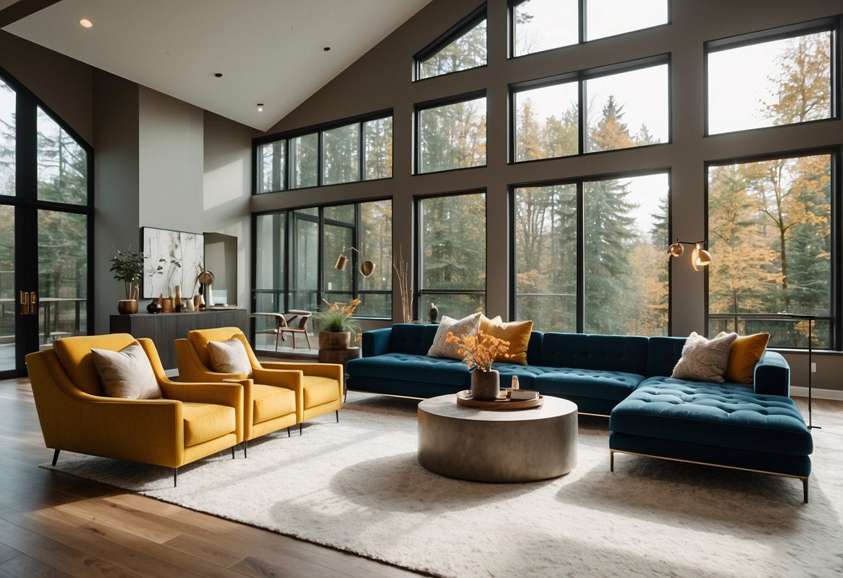A spacious, modern living room with a cozy sectional sofa, sleek coffee table, and vibrant accent chairs. Large windows allow natural light to fill the room, while a statement chandelier hangs from the high ceiling