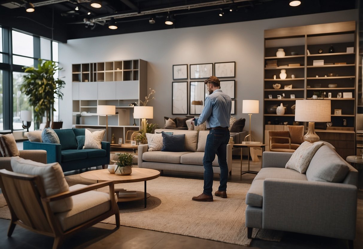 A customer browsing through a showroom of modern furniture, with various pieces displayed and labeled with "Frequently Asked Questions" about their features and materials