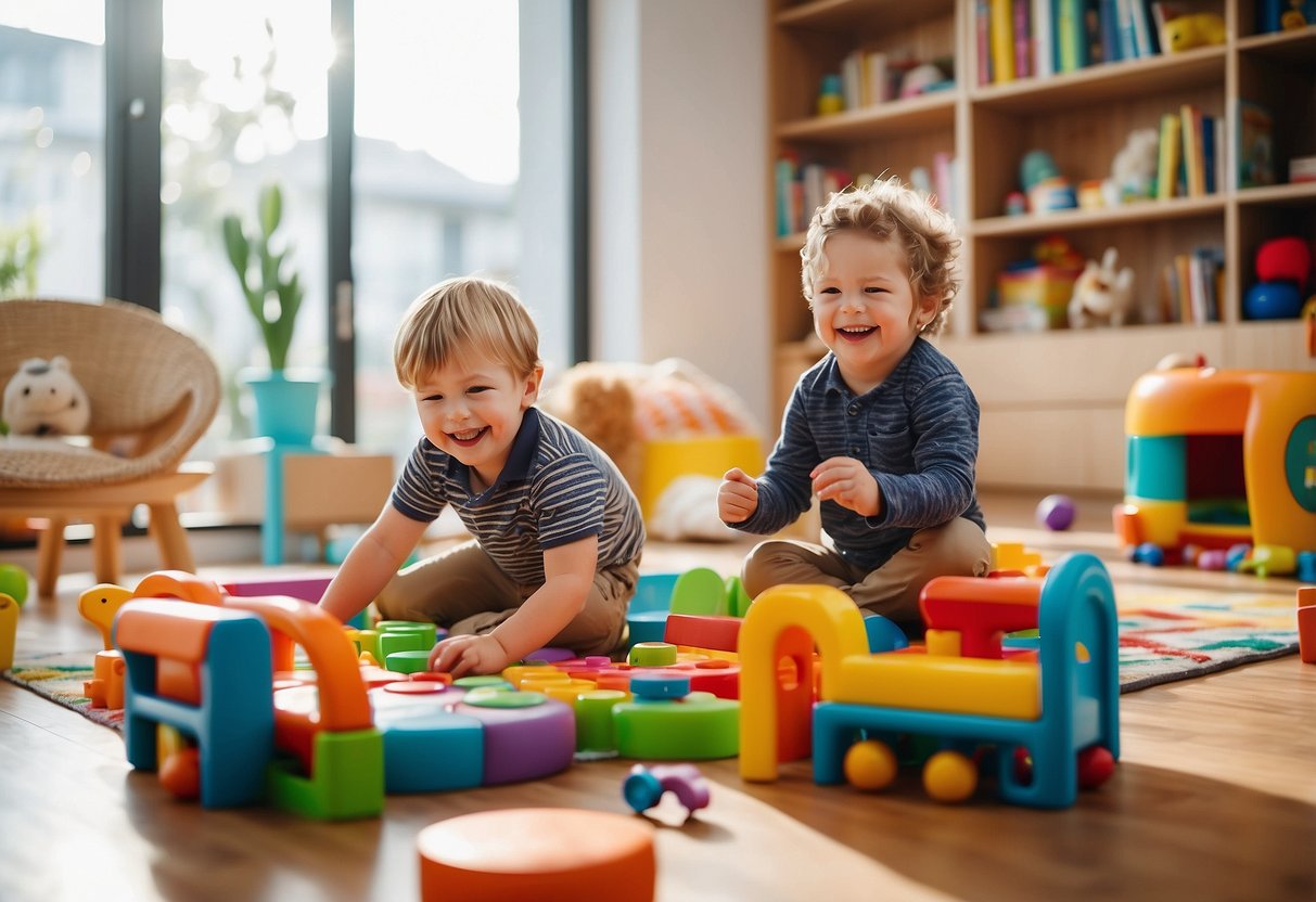 Children happily playing on colorful Kuhl Kids' Furniture, surrounded by vibrant toys and books, with a bright, inviting atmosphere