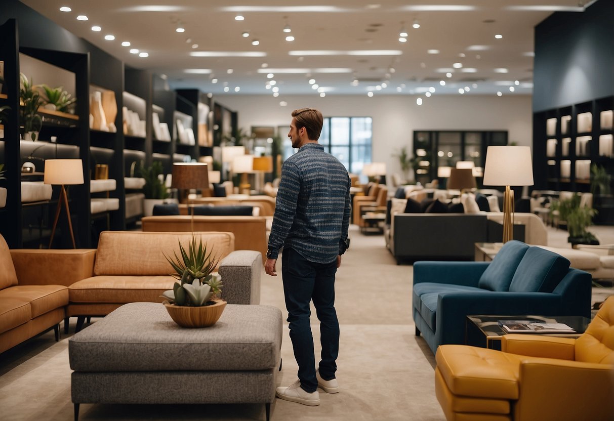 A customer browsing through a variety of furniture options in a spacious showroom with price tags clearly displayed