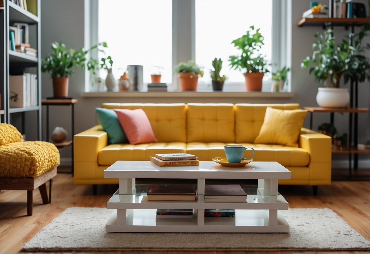 A living room with a LEGO-built sofa, coffee table, and bookshelf. Bright colors and a modern design