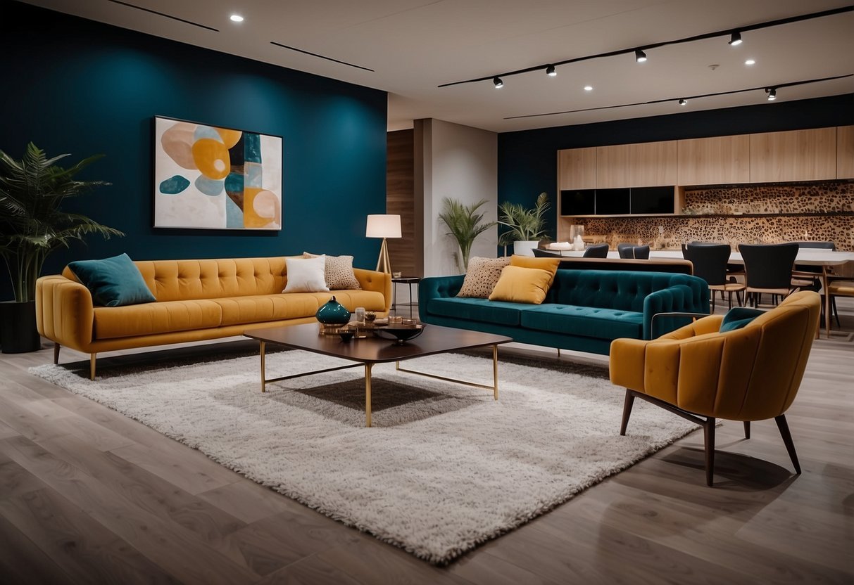 A spacious showroom with modern furniture arranged in stylish settings, featuring sleek lines, bold colors, and luxurious materials