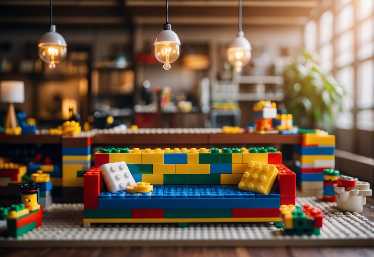 A room filled with custom LEGO furniture, including a couch, table, and shelves, all intricately designed and built with colorful bricks