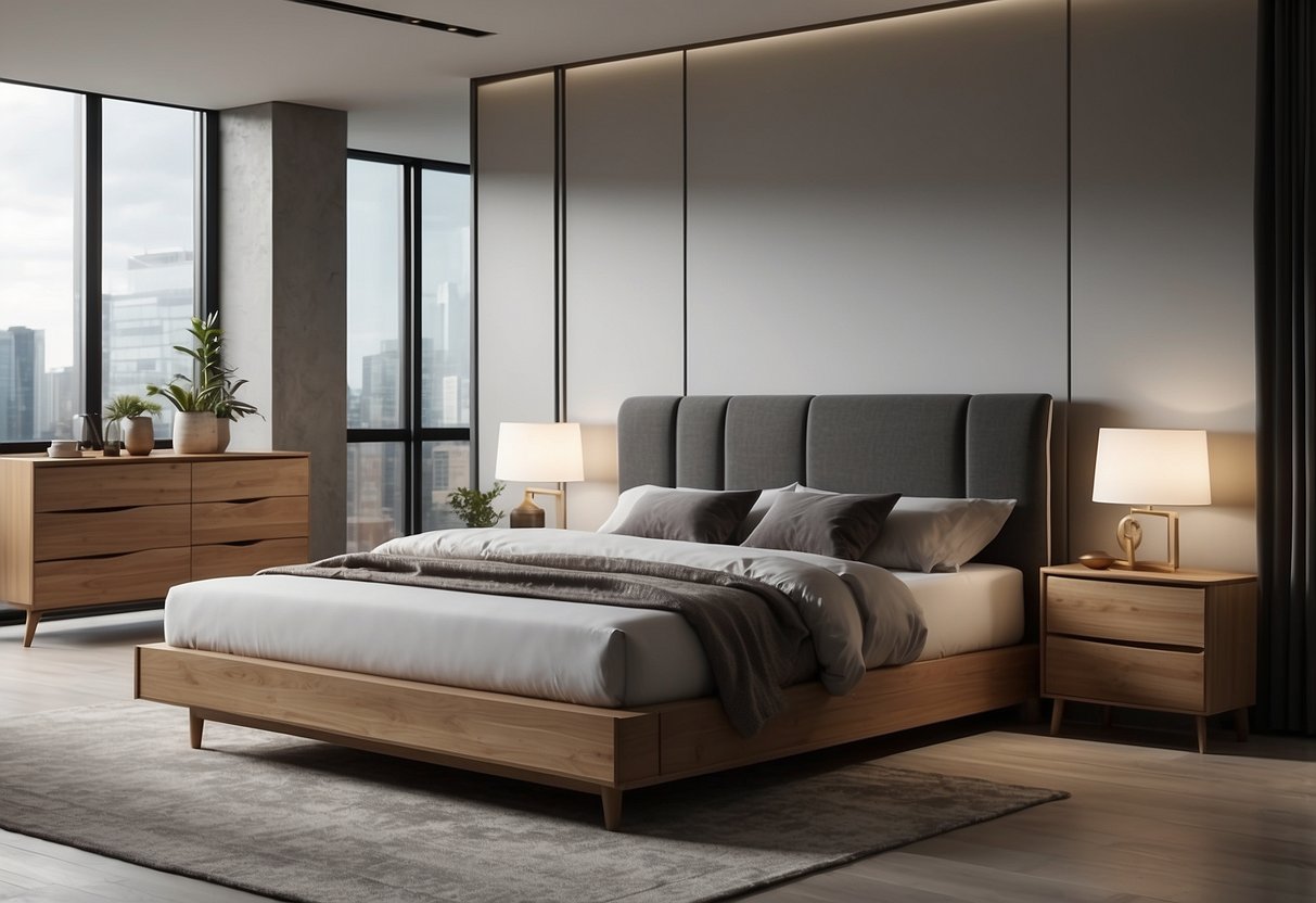 A modern bedroom with a Revit furniture set, including a bed, nightstands, dresser, and wardrobe. Clean lines and minimalist design