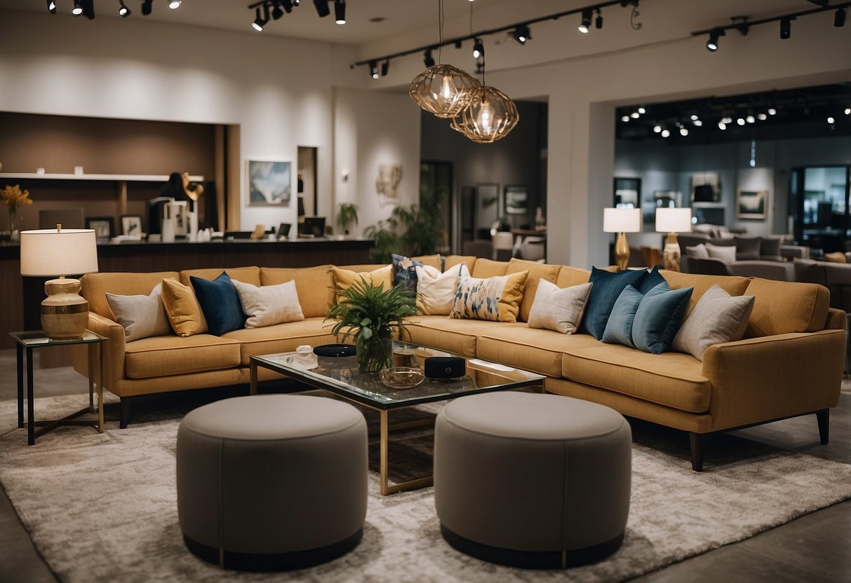 A modern furniture showroom with various kuhl pieces on display, customers browsing, and a helpful sales representative assisting a couple
