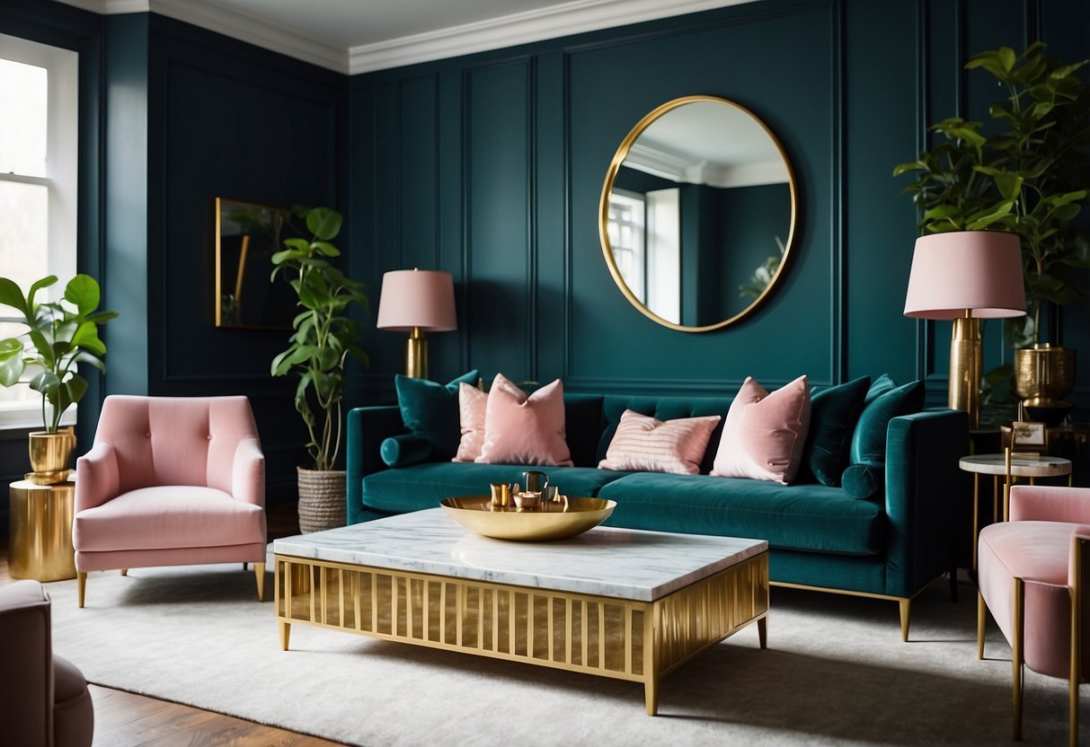 A chic living room with a velvet sofa, marble coffee table, and gold accents. Deep blue walls contrast with blush pink and emerald green furnishings