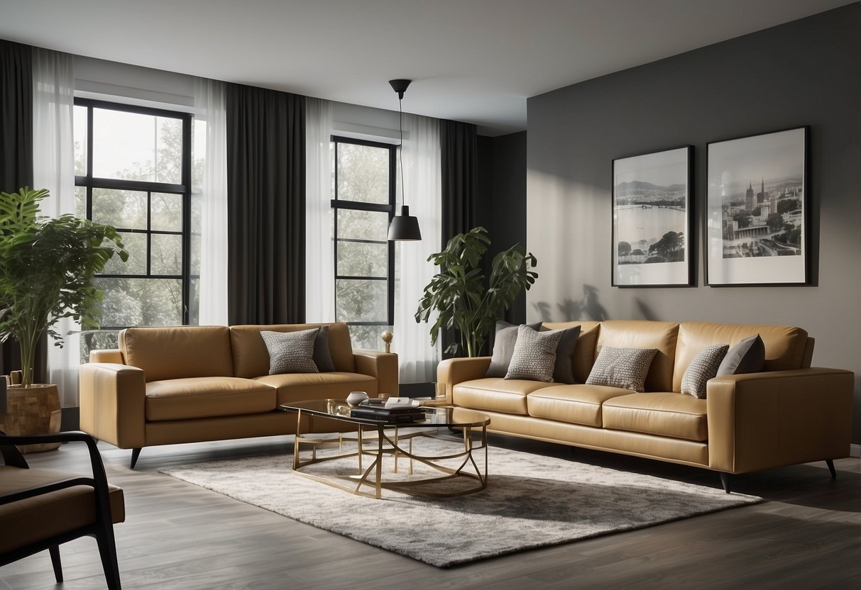 A room with stylish yet affordable furniture, showcasing a variety of pieces from different angles to highlight their quality and affordability