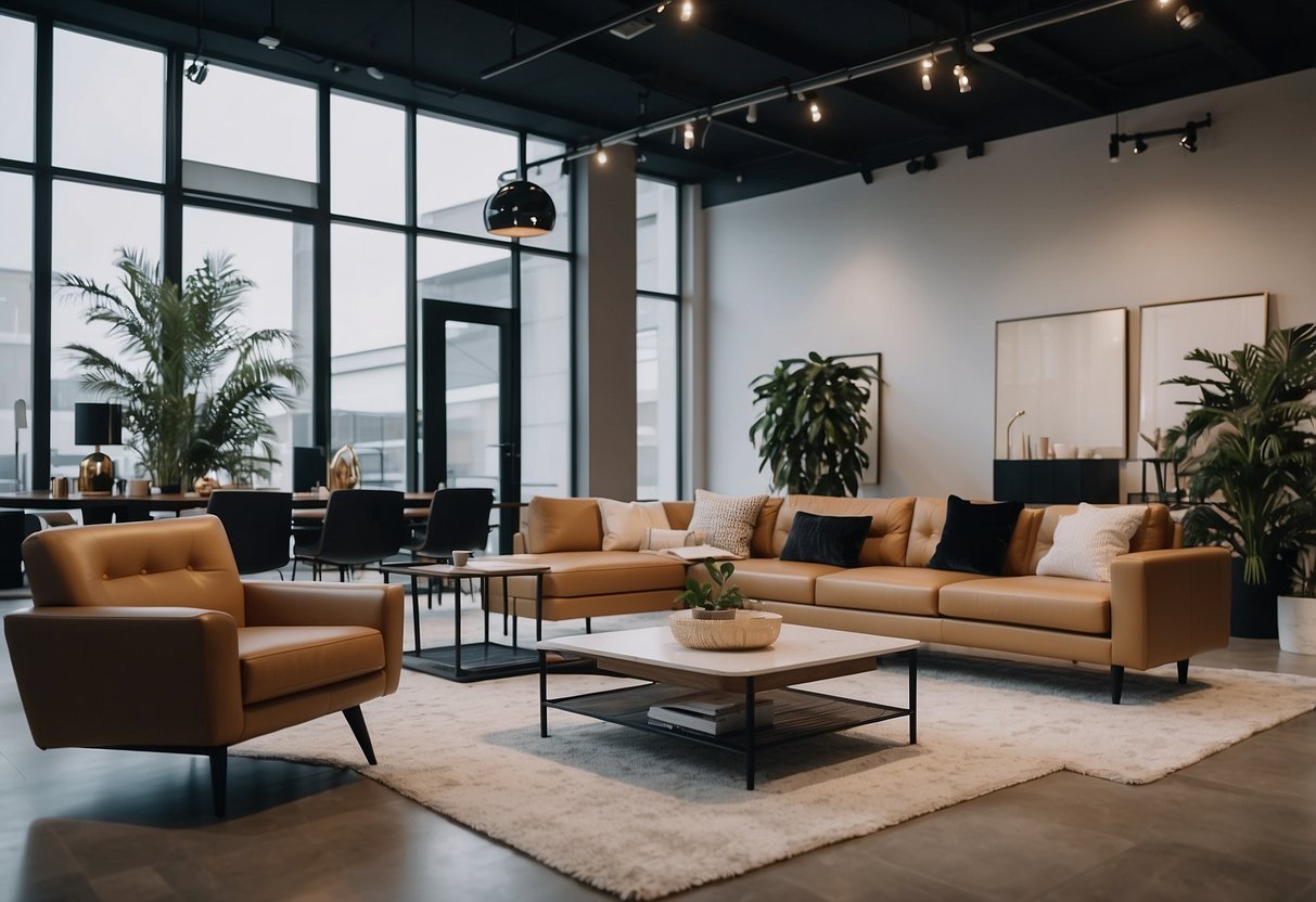 A modern furniture showroom with customers browsing, a sleek design, and a minimalist aesthetic