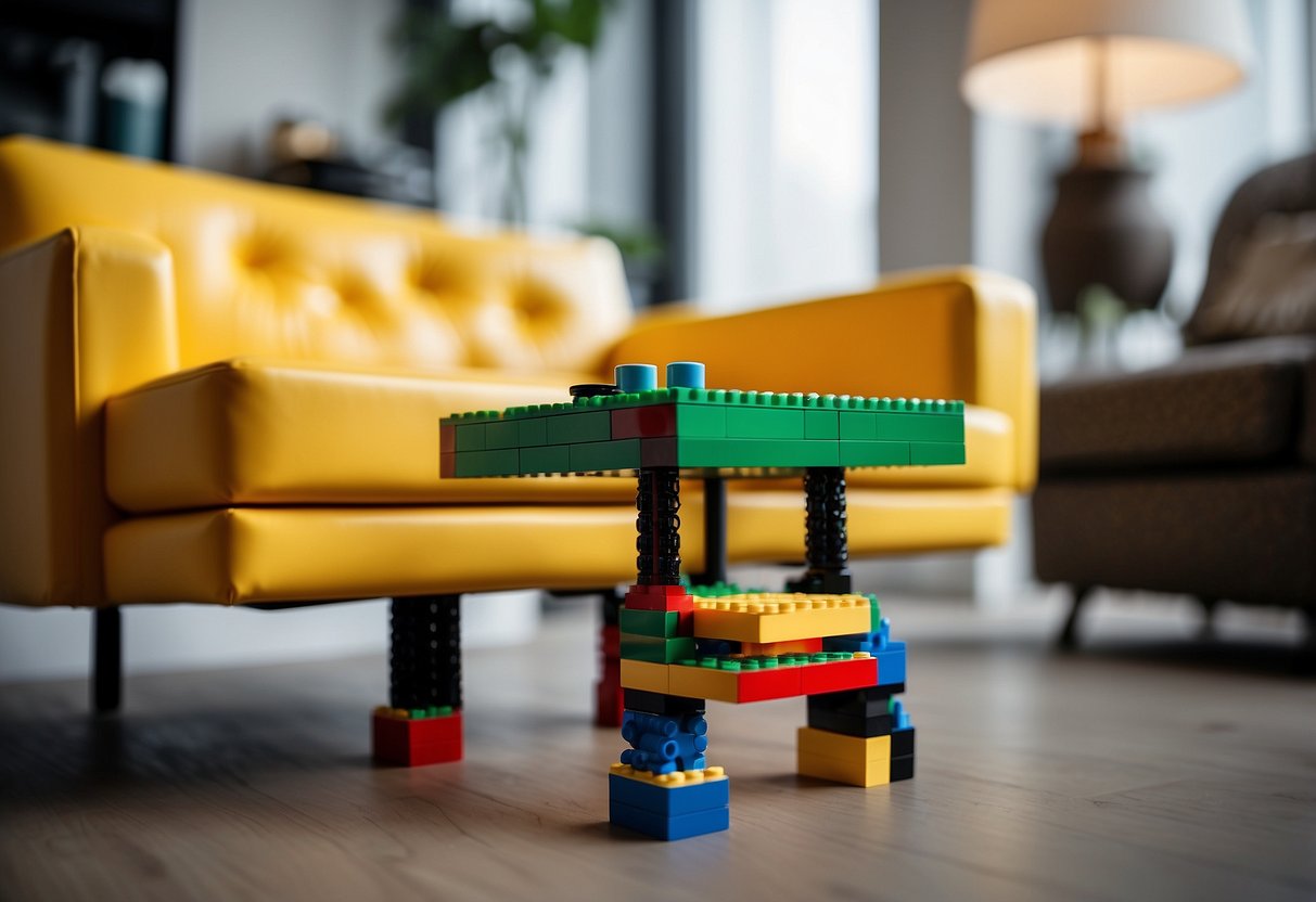 A table and chair made entirely of LEGO bricks, with intricate details and smooth surfaces, sitting in a modern living room
