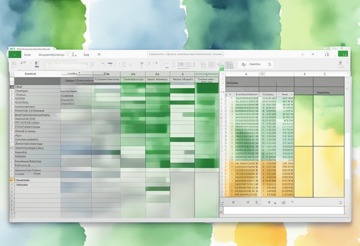 An Excel spreadsheet with columns highlighted for deletion using VBA code. Cells are selected and the column is removed with a prompt for confirmation