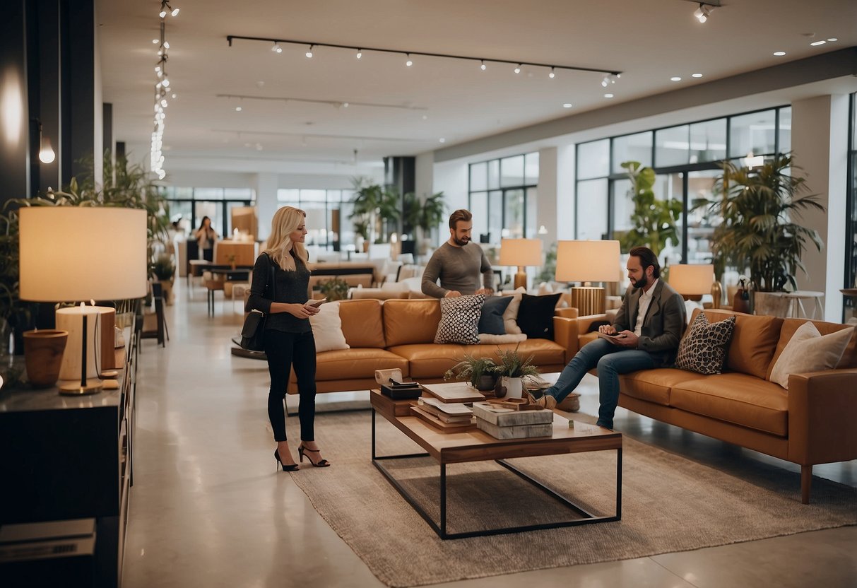 Customers browsing through a showroom of modern, stylish furniture with price tags and "Frequently Asked Questions" signage