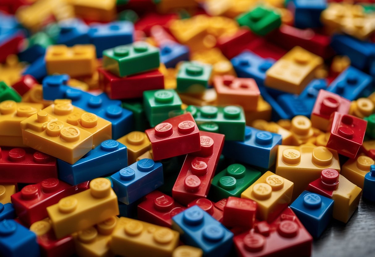 A stack of colorful Lego bricks arranged to form miniature furniture, with a sign reading "Frequently Asked Questions" in the background