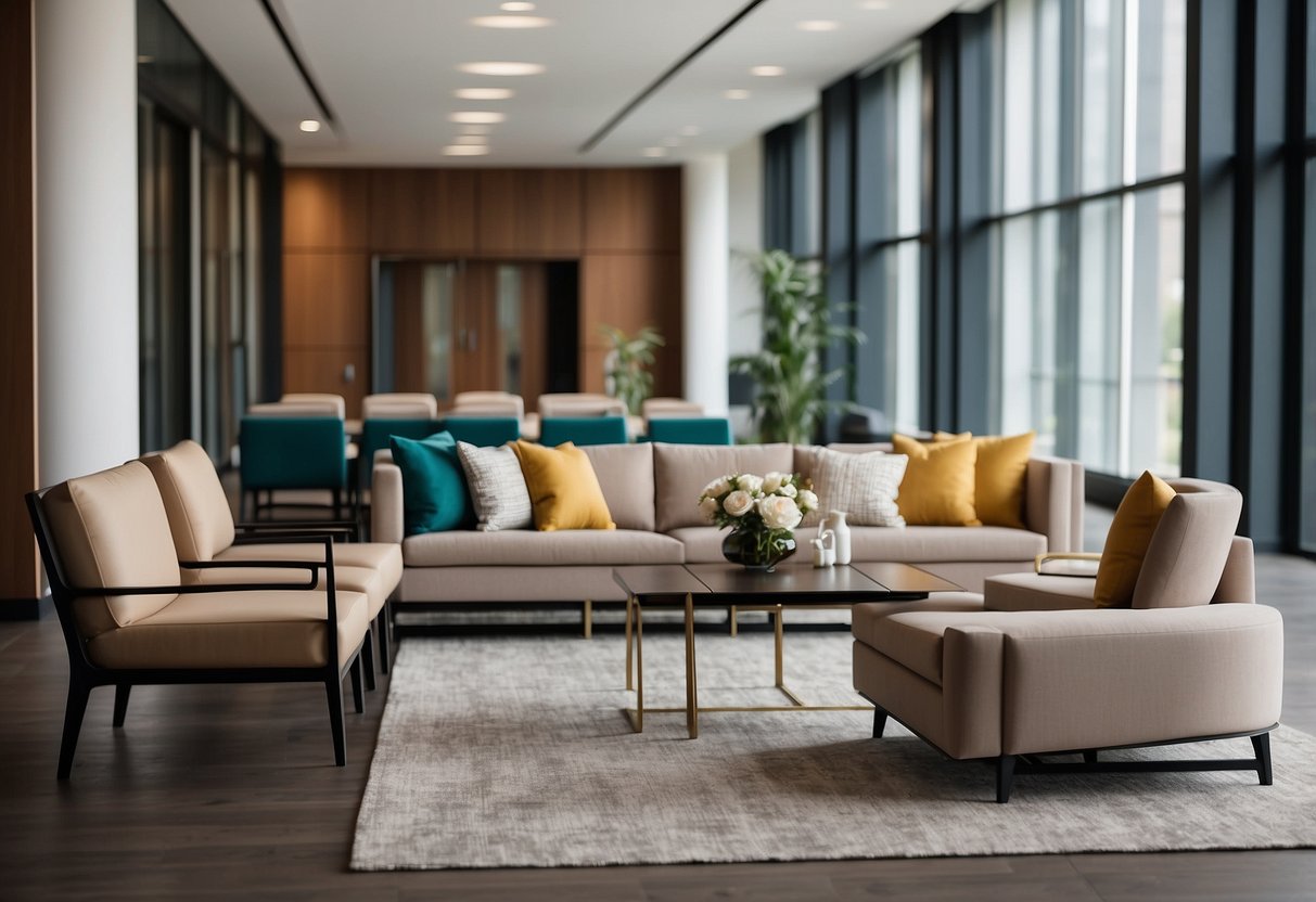 The lobby furniture is arranged in a modern style with sleek lines and comfortable seating. The color scheme is neutral with pops of color in the accent pillows. The furniture includes sofas, armchairs, coffee tables, and a rug