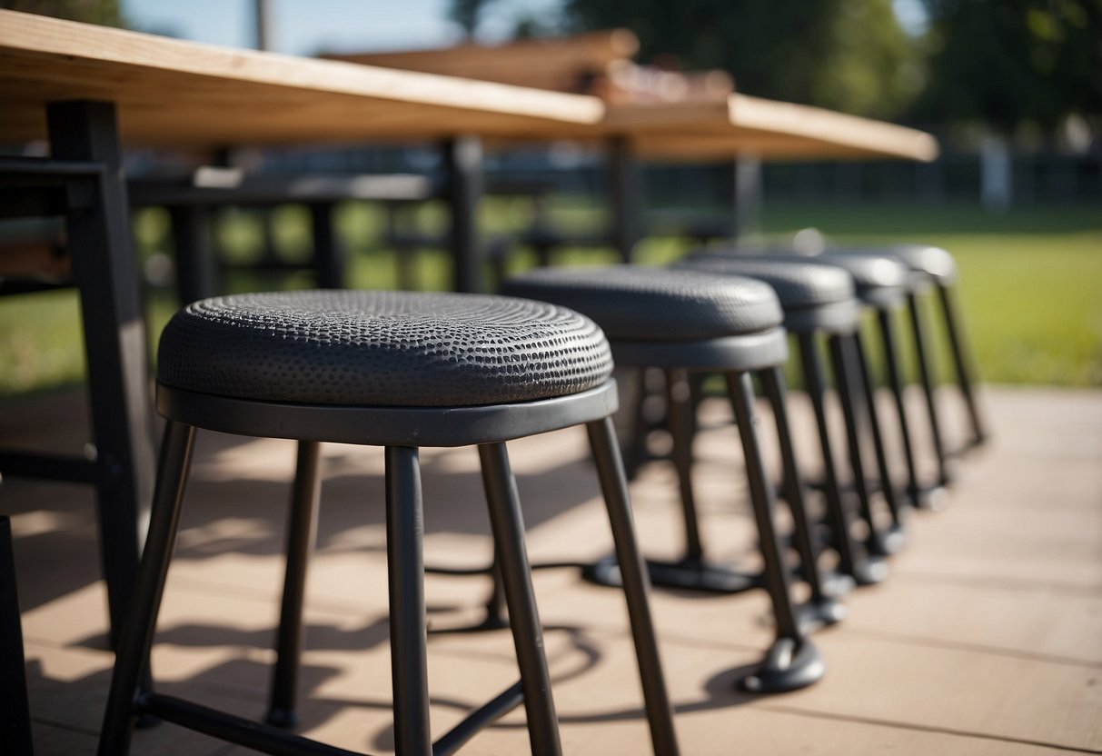 Rubber feet being selected and attached to outdoor furniture legs. Various sizes and shapes are laid out for consideration