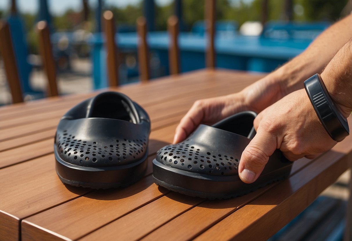 Rubber feet being installed on outdoor furniture. Maintenance tools and materials nearby