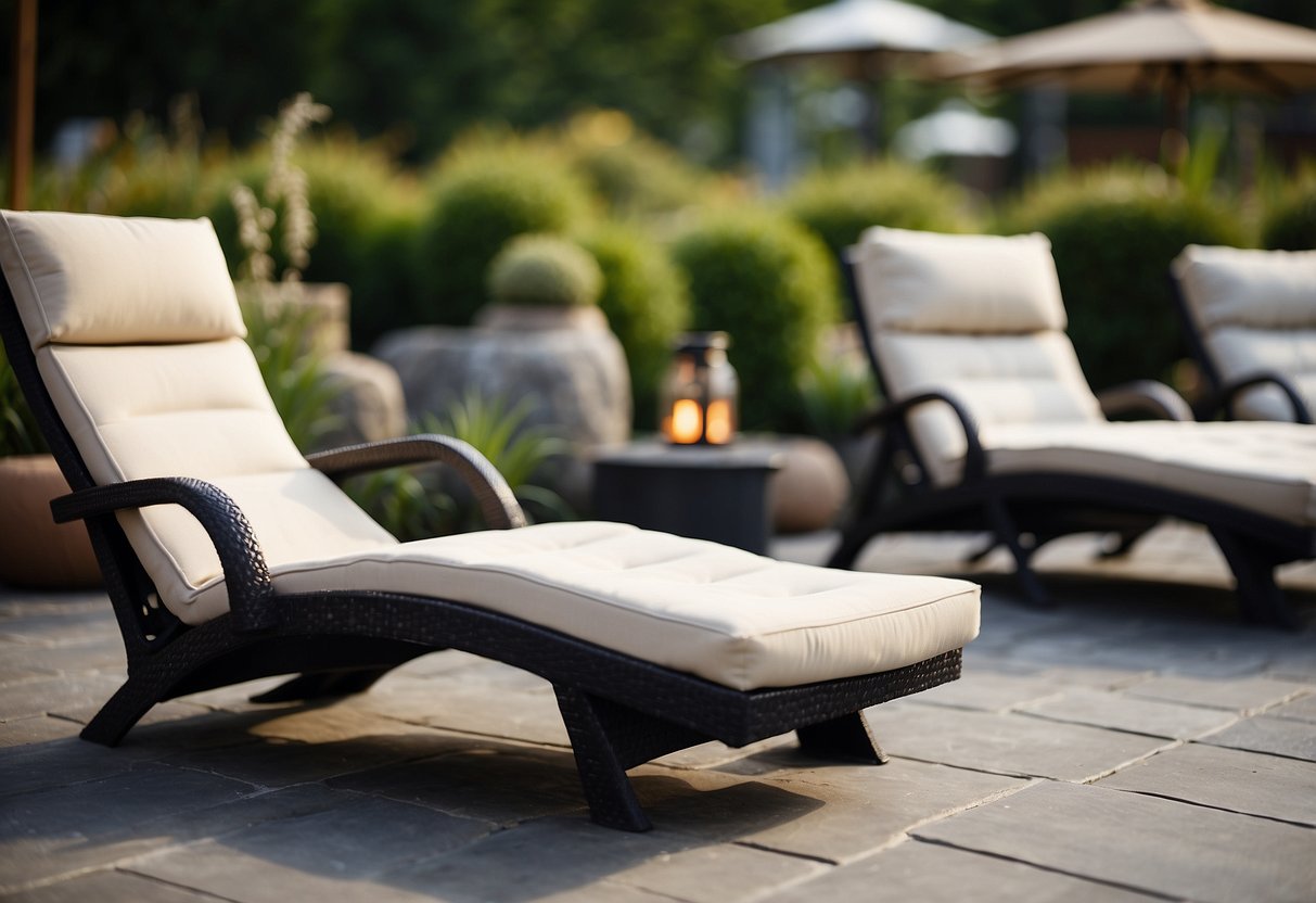 Rubber feet attached to outdoor furniture, surrounded by various outdoor elements like grass, rocks, and patio tiles