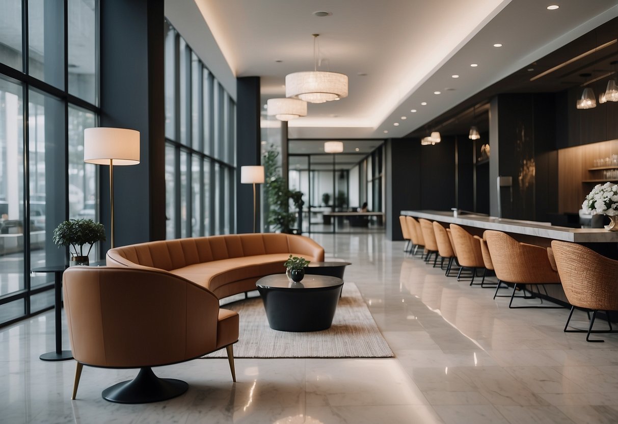 A modern lobby with sleek furniture, including comfortable chairs, a stylish reception desk, and decorative accents