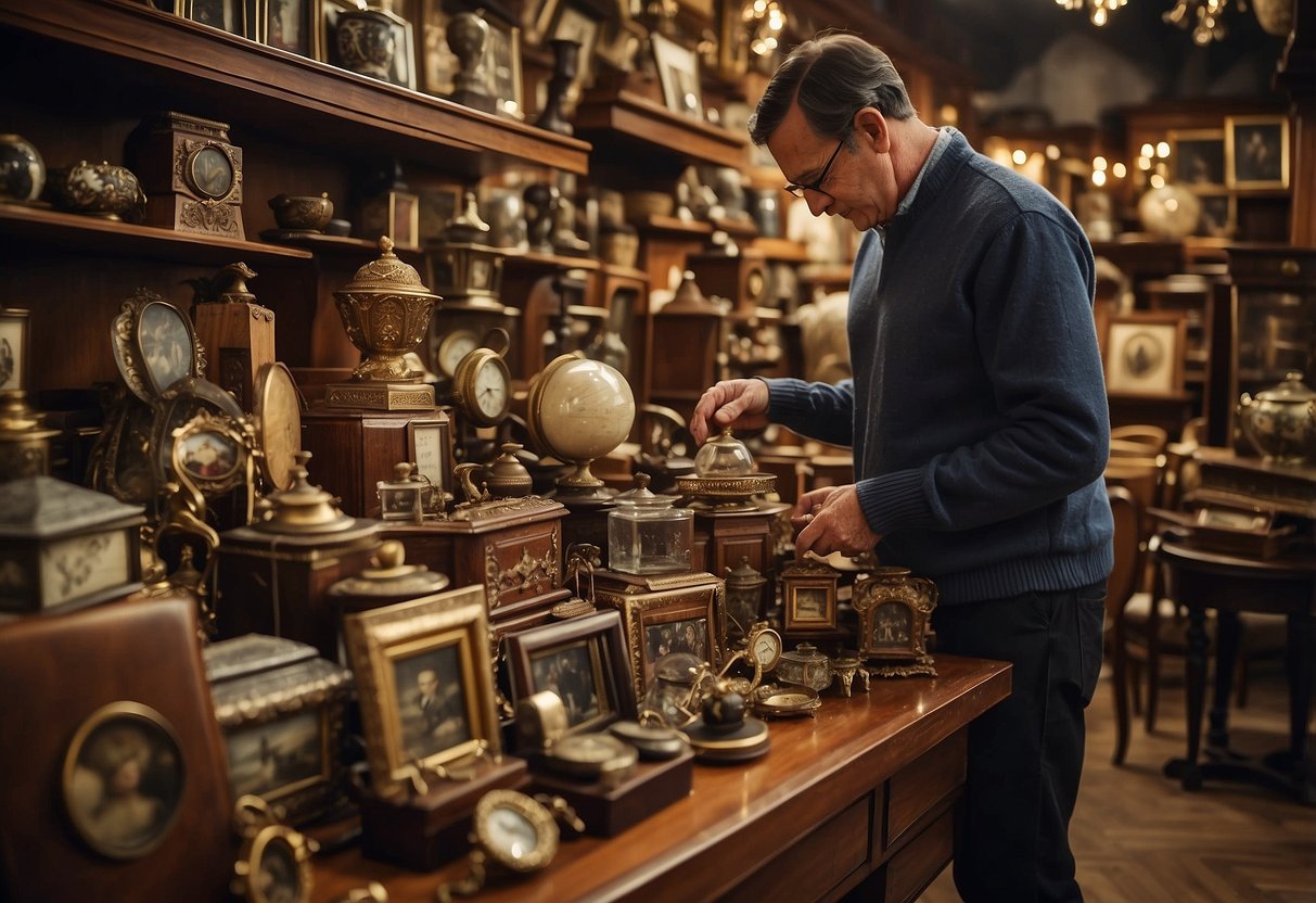 An antique furniture enthusiast browsing through eBay listings, carefully examining each item for sale, surrounded by a collection of vintage pieces
