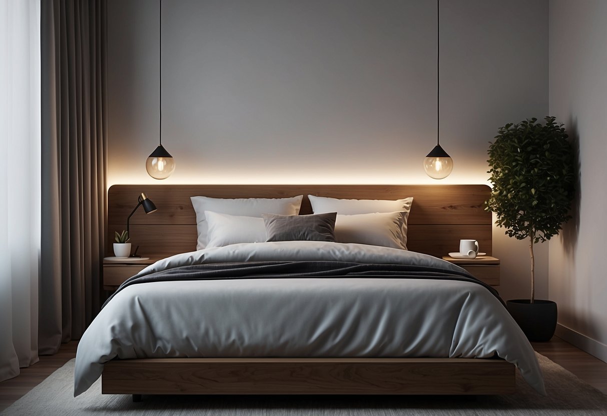 A bed with a headboard, nightstand, lamp, and dresser in a simple bedroom