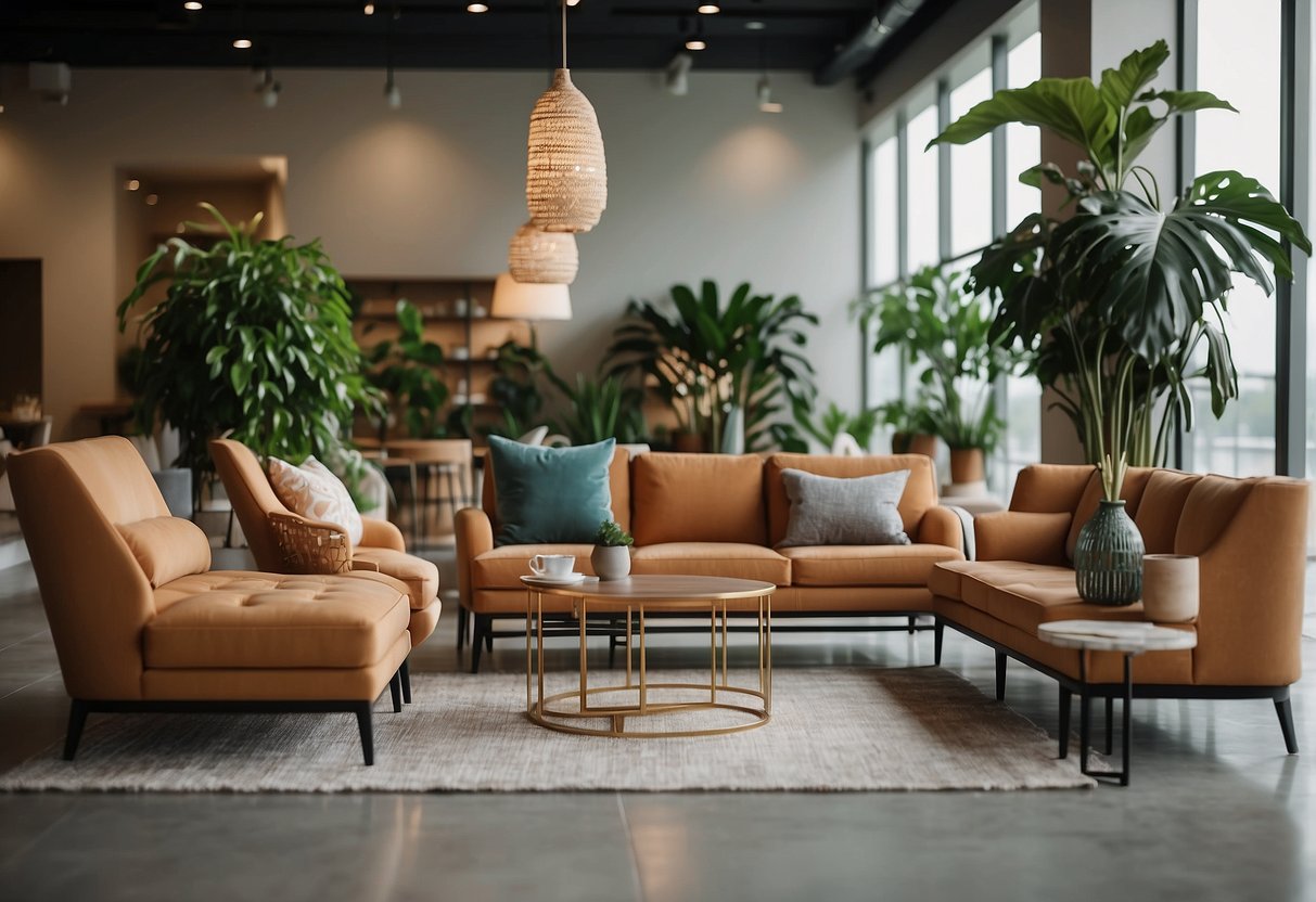 Various furniture types arranged in a lobby: armchairs, coffee tables, and plants. Couches and side tables fill the space, creating a welcoming atmosphere