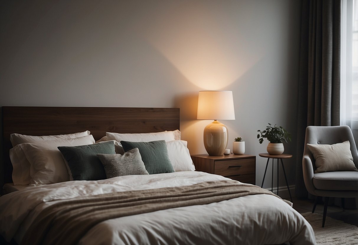 A bed with a headboard, a nightstand with a lamp, a dresser, and a mirror in a simple bedroom