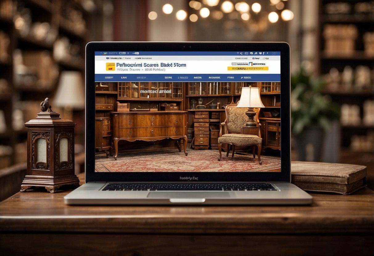 Antique furniture displayed on shelves with price tags. A computer screen showing ebay website with "Frequently Asked Questions" section highlighted