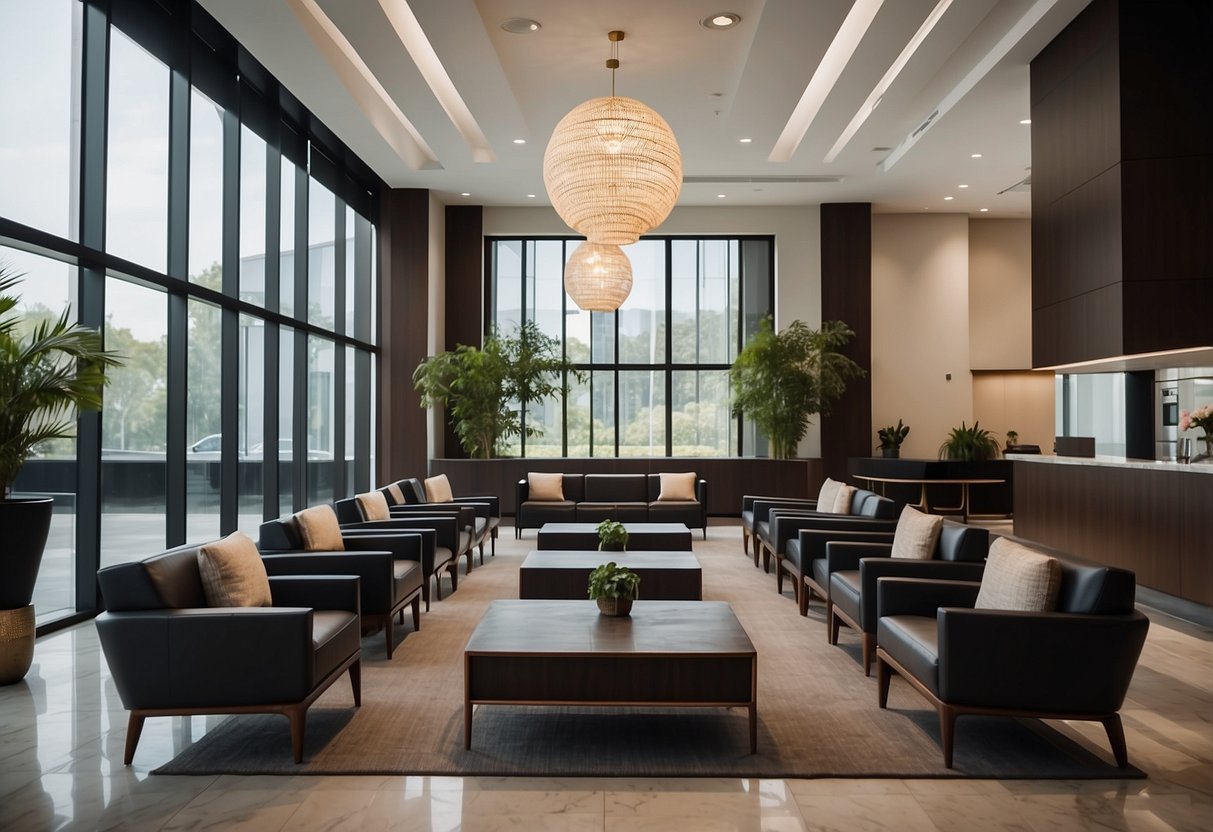 The lobby furniture is arranged in a modern and inviting manner, with comfortable seating and sleek tables. The space is well-lit and exudes a welcoming atmosphere