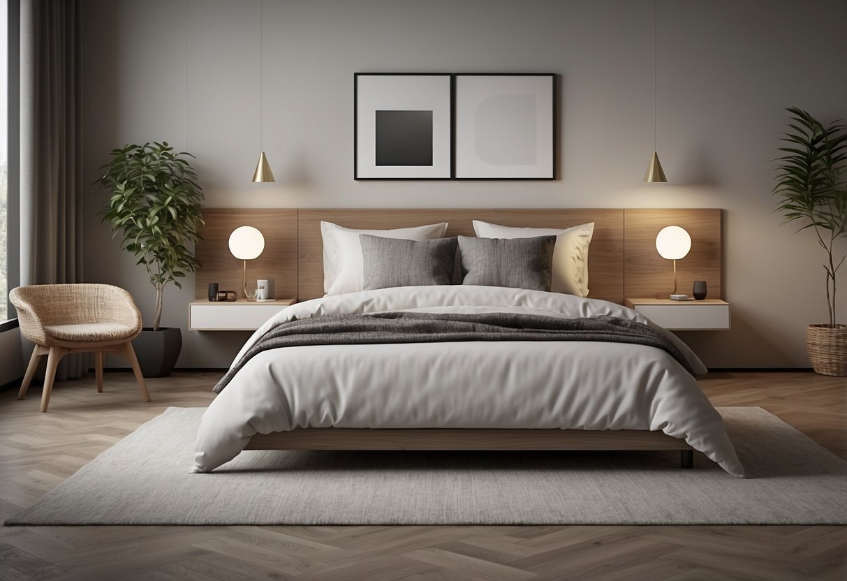 A simple bedroom with minimalistic furniture and neutral colors. Clean lines and uncluttered surfaces create a serene and inviting atmosphere