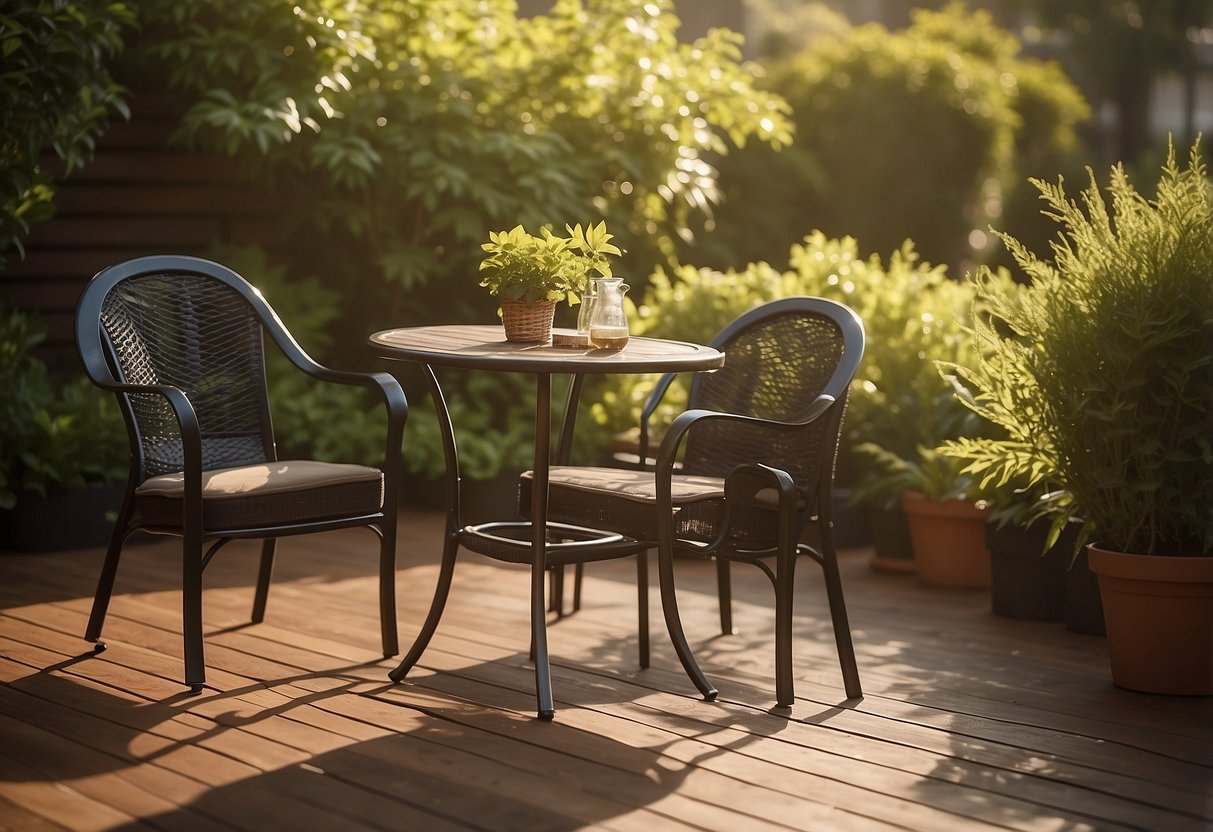 A patio set from Ashley Furniture sits on a deck, surrounded by greenery and bathed in warm sunlight