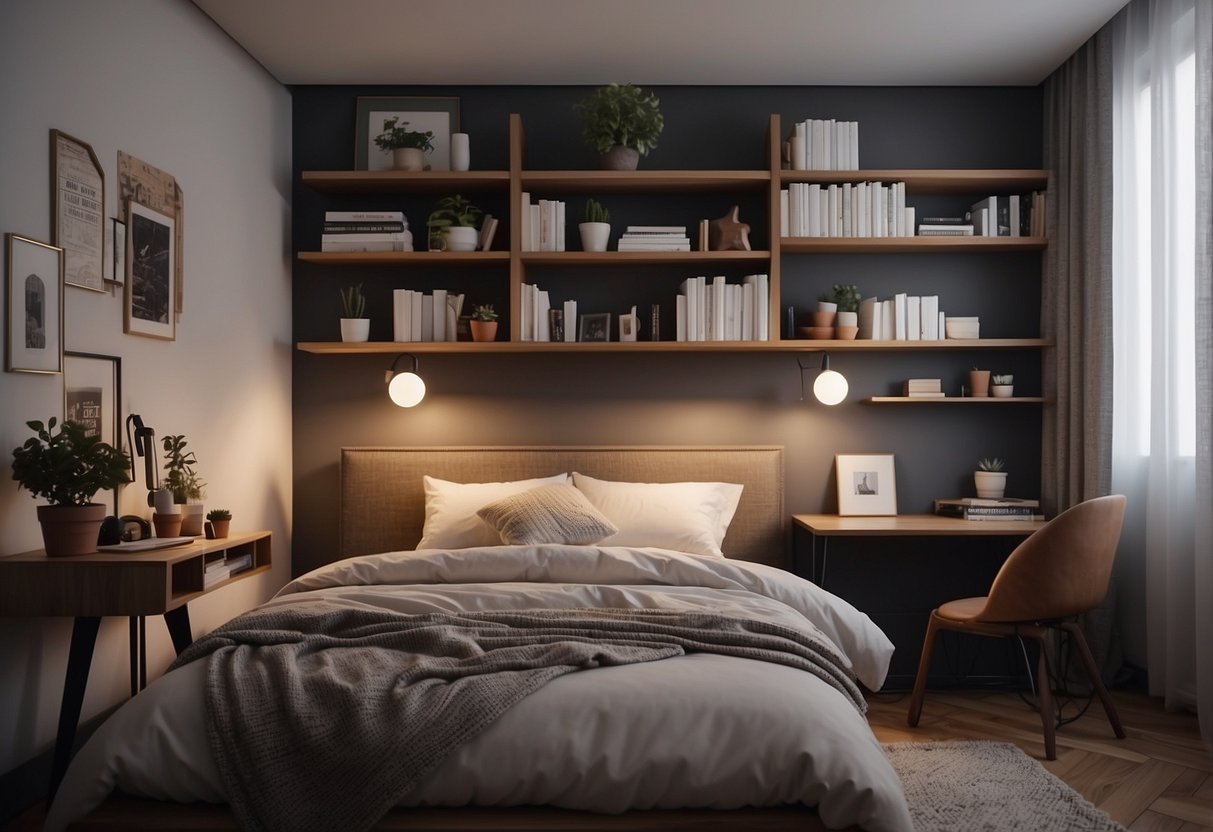 A cozy bedroom with a bed, nightstand, lamp, and simple decor. A bookshelf and a desk with a chair complete the scene