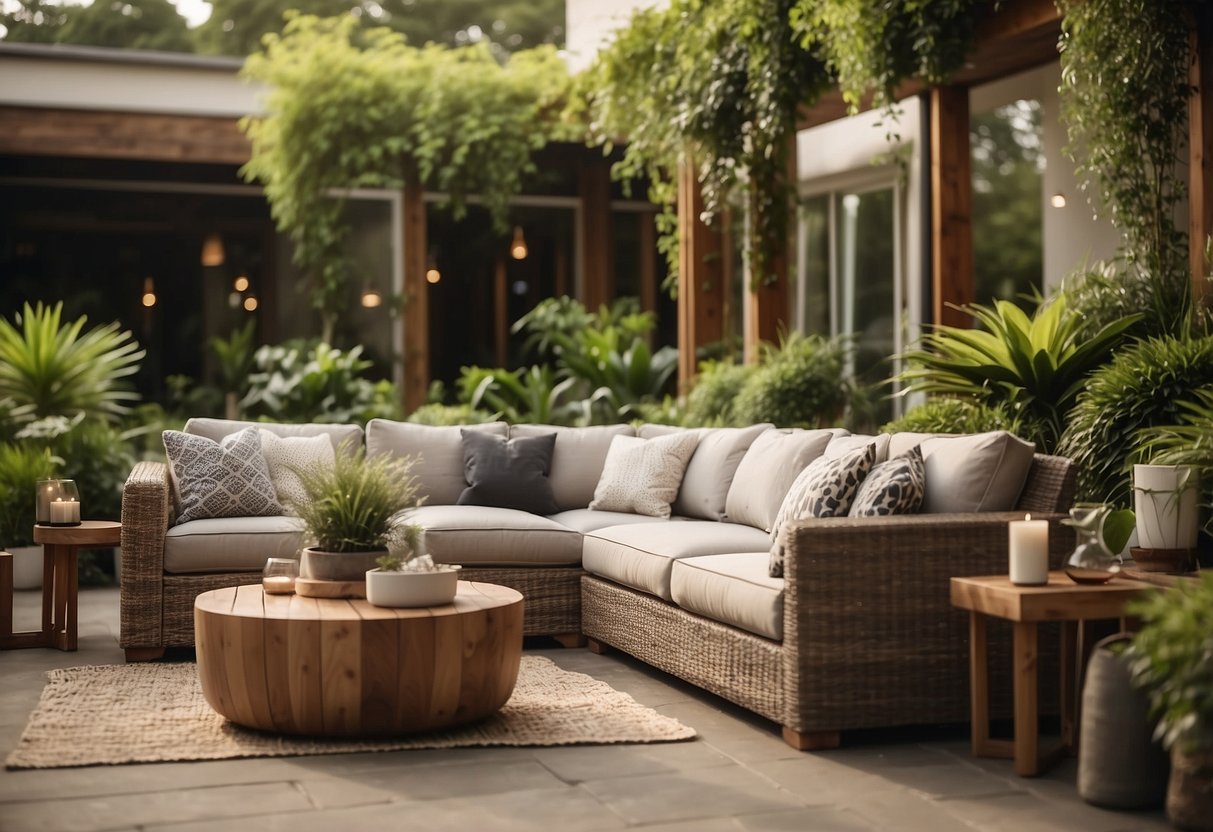 A lush outdoor setting with modern Ashley Furniture pieces arranged on a patio, surrounded by greenery and natural elements