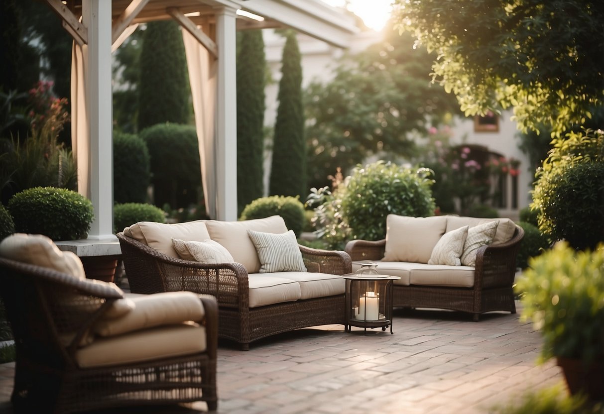 A cozy patio with Ashley furniture outdoor seating, surrounded by lush greenery and a bubbling fountain
