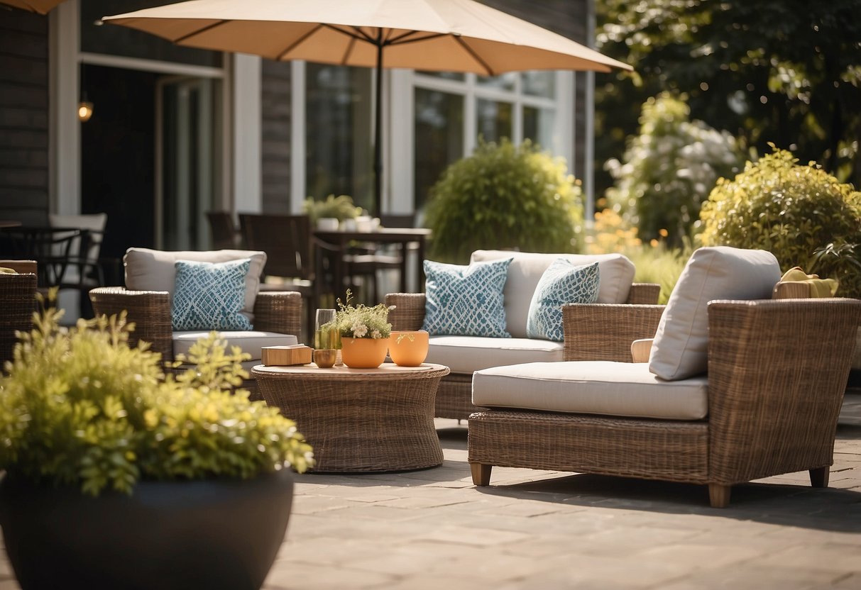 A sunny outdoor patio with a variety of Ashley furniture pieces, including chairs, tables, and umbrellas, arranged in an inviting and stylish display