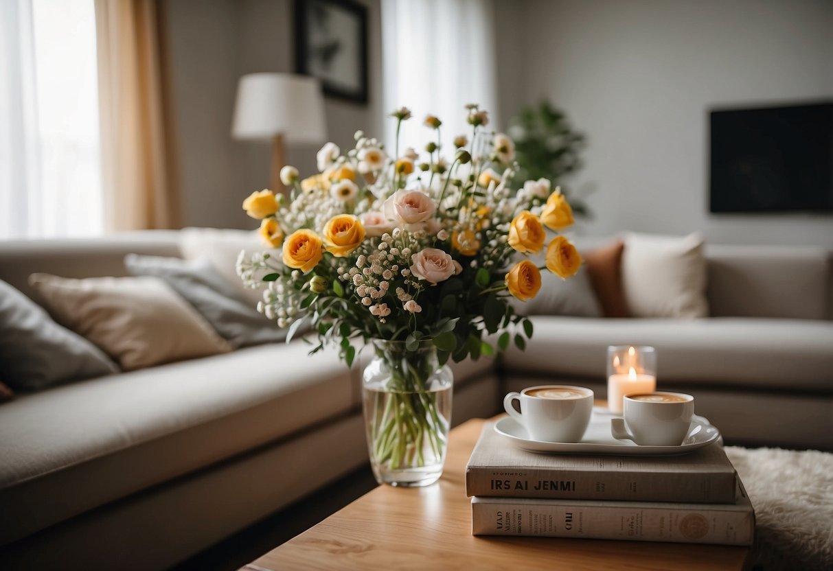 A cozy living room with warm lighting, a plush sofa, and a coffee table adorned with books and a vase of flowers