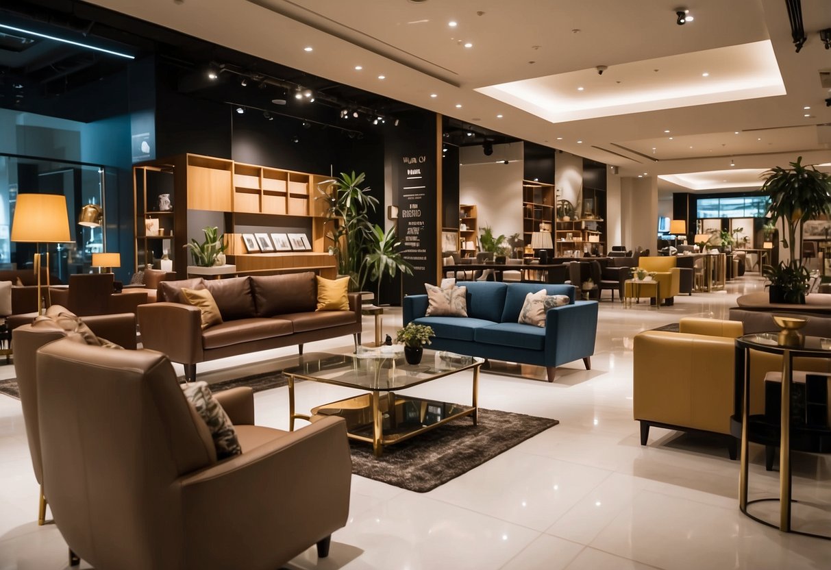 A spacious furniture shop at Millenia Walk with modern displays and cozy lighting. Various pieces of furniture are arranged neatly, showcasing a range of styles and designs