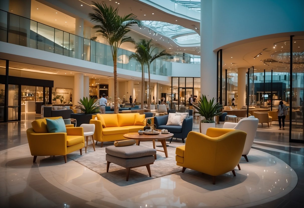 Customers browse modern furniture in Millenia Walk outlets. Bright lighting highlights sleek designs and vibrant colors
